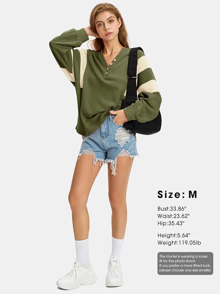 EXLURA Women's Oversized V Neck Henley Shirt Patchwork 2024